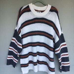American Eagle Sweater Women L Oversize Striped Crewneck Chunky Knit Neutral
